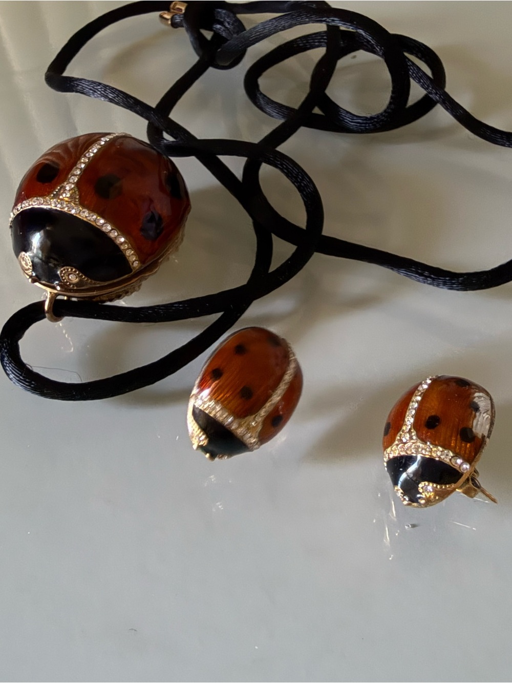 Set - Ladybug-Inspired Brown Enamel Necklace / pendant and Earring  vintage